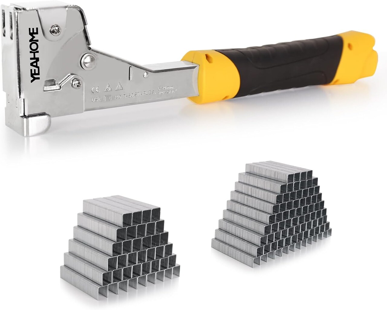 Heavy Duty Hammer Tacker with 6000 T50 Staples of 1/2, 3/8 inches, Steel Construction Manual Hammer Stapler with Anti-jam Magazine for Construction, Roofing, House Wrap, Insulation,Floor